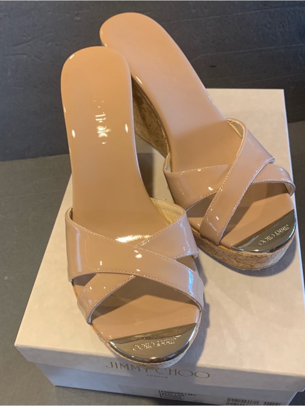 Jimmy Choo Pandora 38.5 Beige Patent Cork Wedge Mules. New in Box